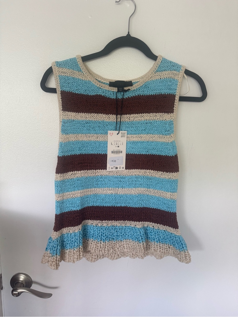 Zara Striped Knit Ruffle-Hem Tank Top - Blue/Brown/Cream